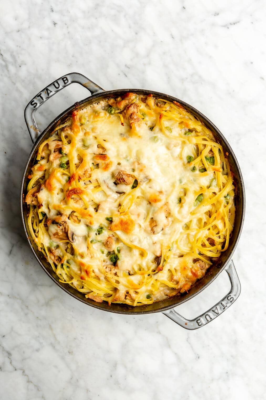 Tuna noodle casserole with melted cheese on top, ready to serve.