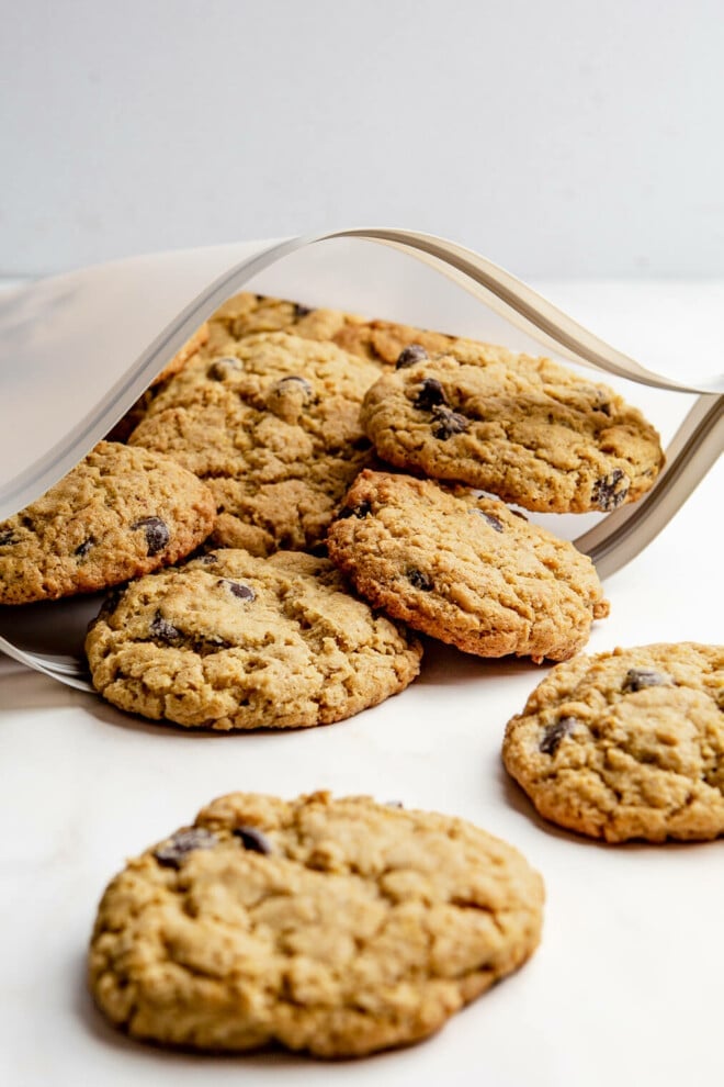 A large reusable bag of chocolate chip oatmeal lactation cookies with two outside of the bag.