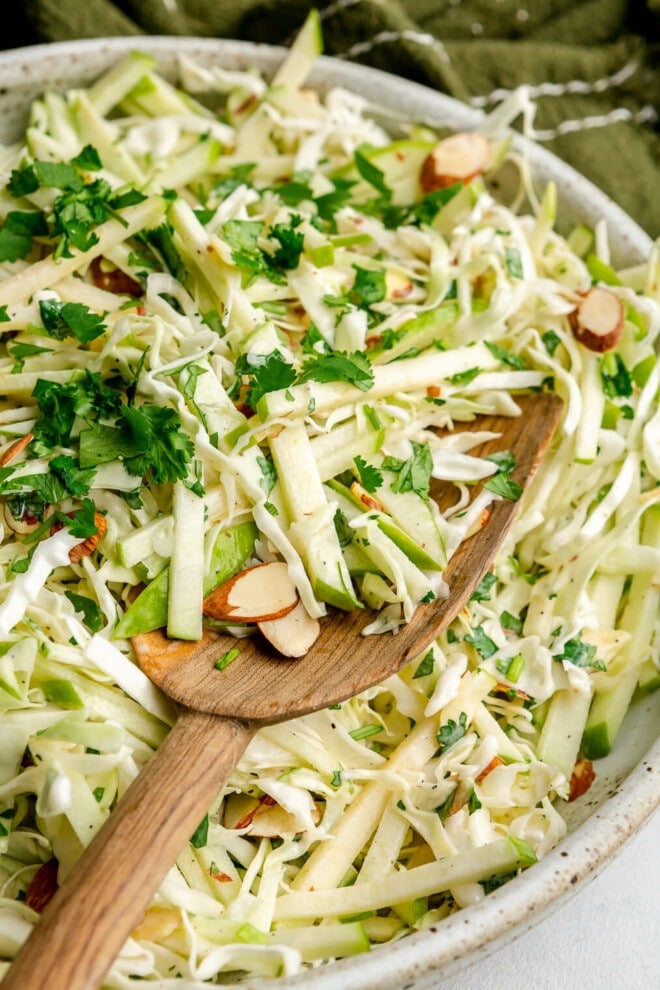 A top view of green apple slaw in a large decorative bowl.
