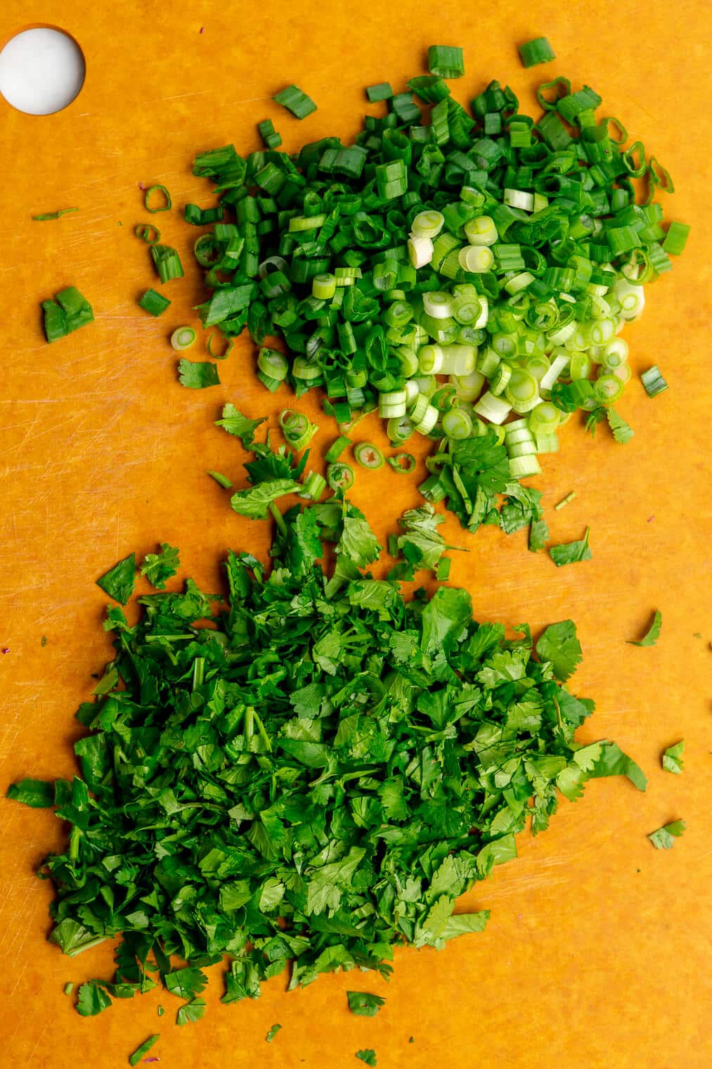 Green onion and cilantro chopped on a cutting board.