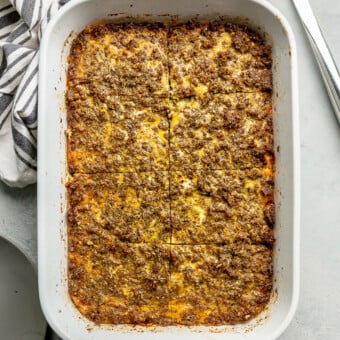 A casserole dish of sliced plantain breakfast casserole.