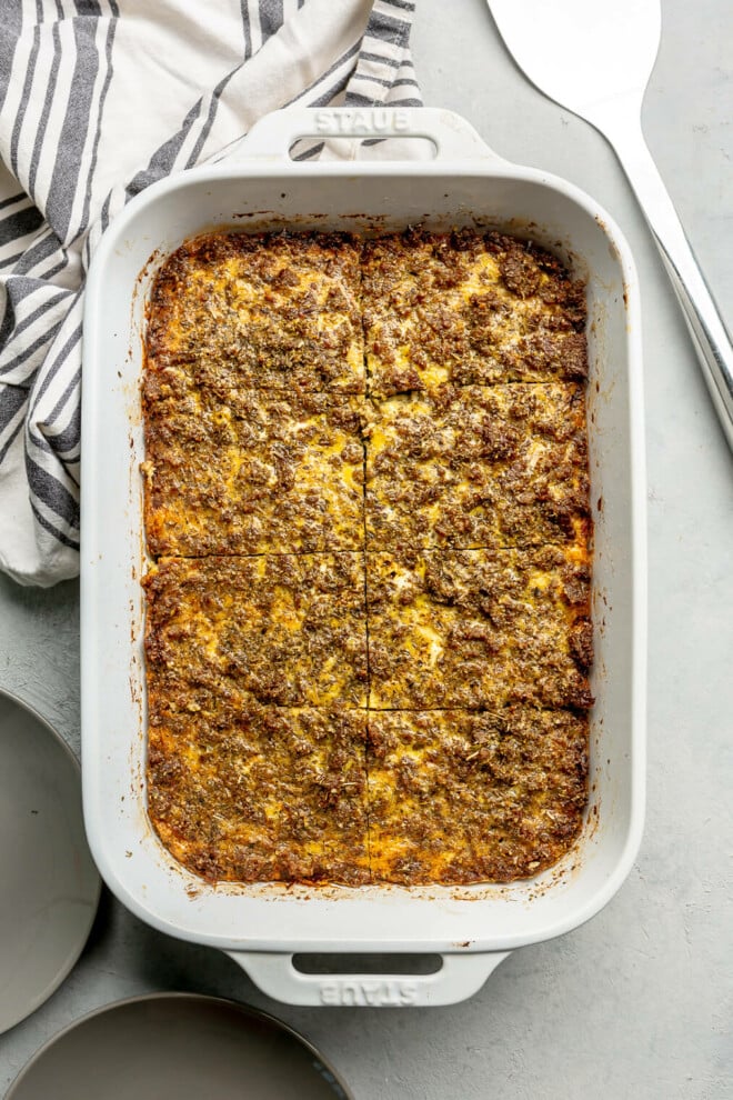 A casserole dish of sliced plantain breakfast casserole.