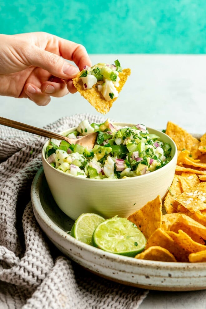 Hand holding a tortilla chip topped with fish ceviche held over top of a small light green bowl on a plate with tortilla chips on a grey surface with a teal background.