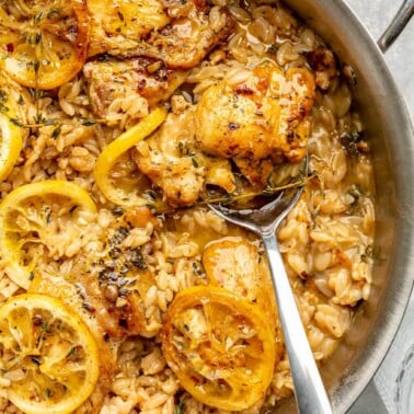 An all-clad skillet with orzo, chicken thighs, lemon slices, and thyme with a silver serving spoon on a grey surface.
