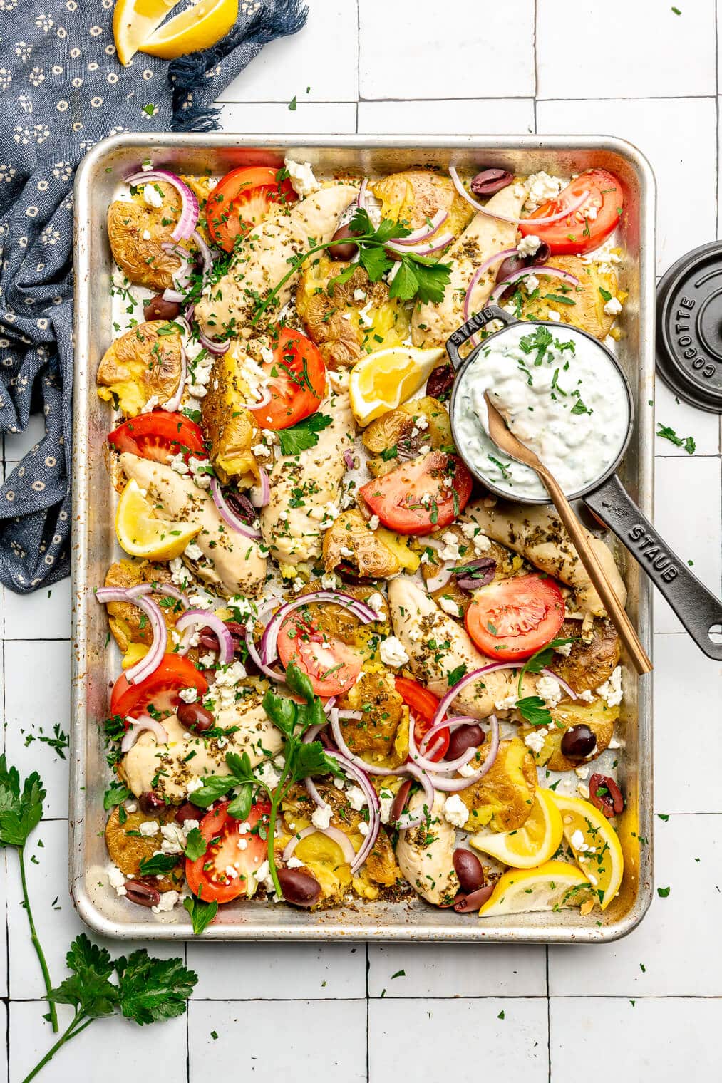 A Greek chicken sheet pan dinner.