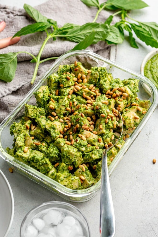 A large class container of pesto chicken salad topped with pine nuts with a spoon sticking out of it.