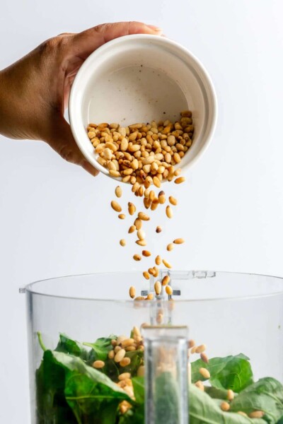 Toasted pine nuts being poured into a food processor.