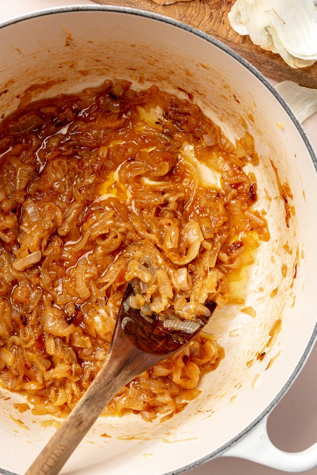 Caramelized onions in a large enameled cast iron pot.