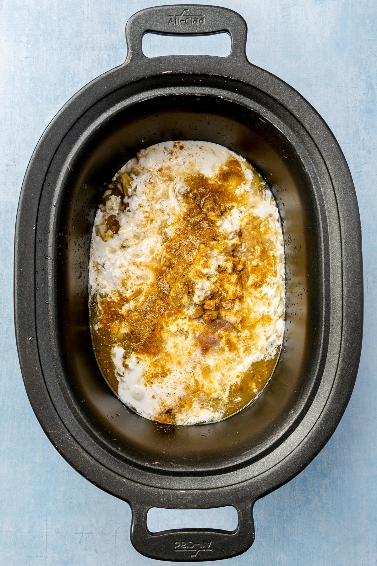 A variety of ingredients, including coconut milk and green Chile sauce, have been put into a black, cast iron pot.