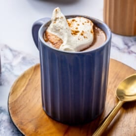 A purple mug of Mexican hot chocolate, topped with whipped cream and cinnamon, sits on a wooden plate alongside a gold spoon.