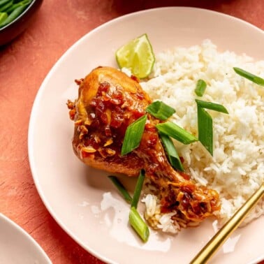 A light pink plate with a cooked chicken leg in a dark sauce next to a serving of white rice and garnished with sliced green onions and a lime wedge.