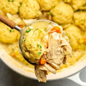 Chicken and dumplings on a serving spoon.