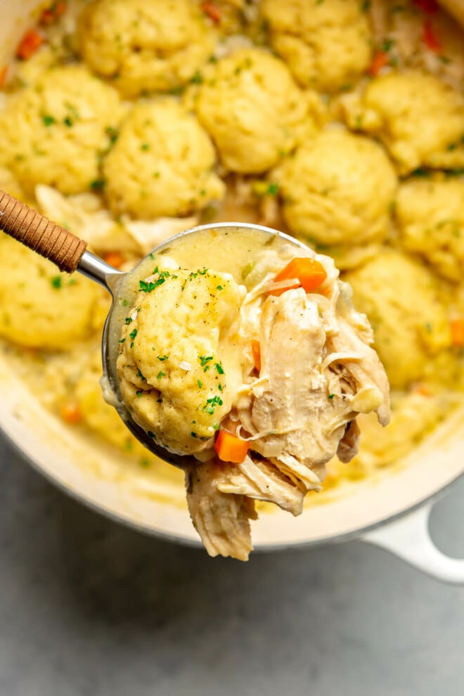 Chicken and dumplings on a serving spoon.