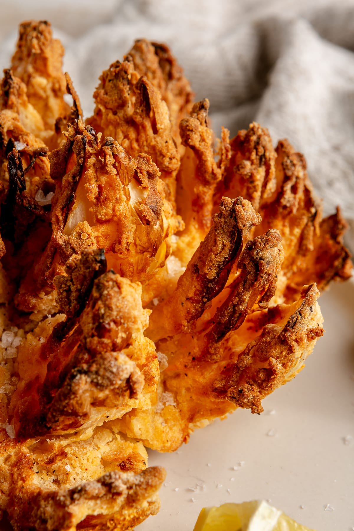 Close up of an air fryer blooming onion.