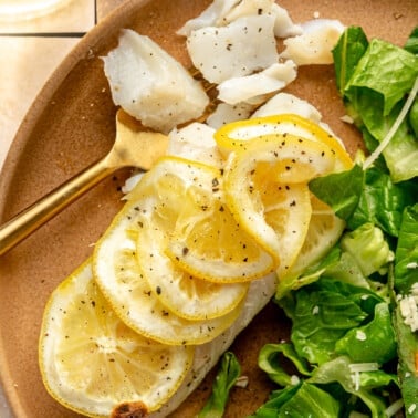 Lemon butter baked white fish sits on a brown colored plate next to a side of salad.