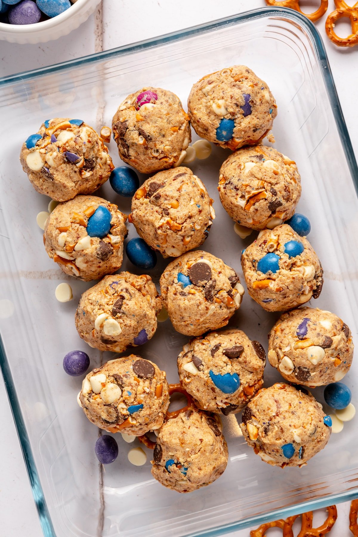 Kitchen Sink Energy balls loaded with pretzels, white and dark chocolate chips, and peanut M&Ms. 
