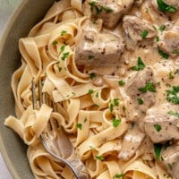 Close up of gluten free beef stroganoff on a plate.