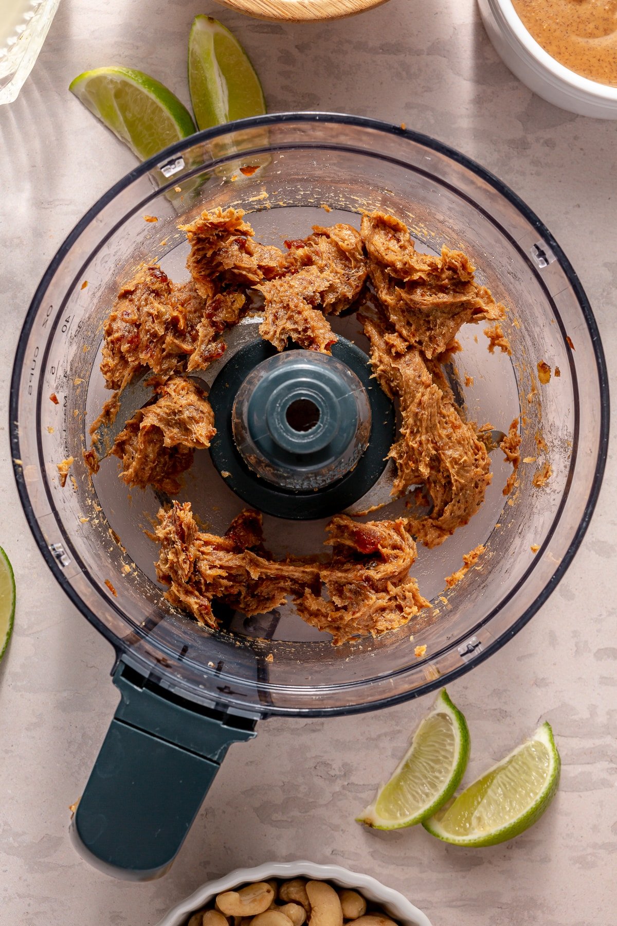 Dates processed in a food processor until they are caramel consistency.