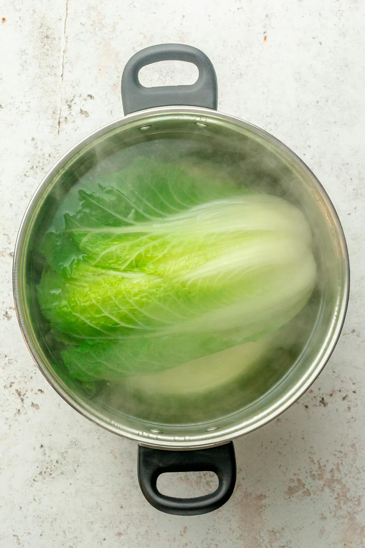 A cooked napa cabbage sits in a stainless steel pot on a light gray surface.