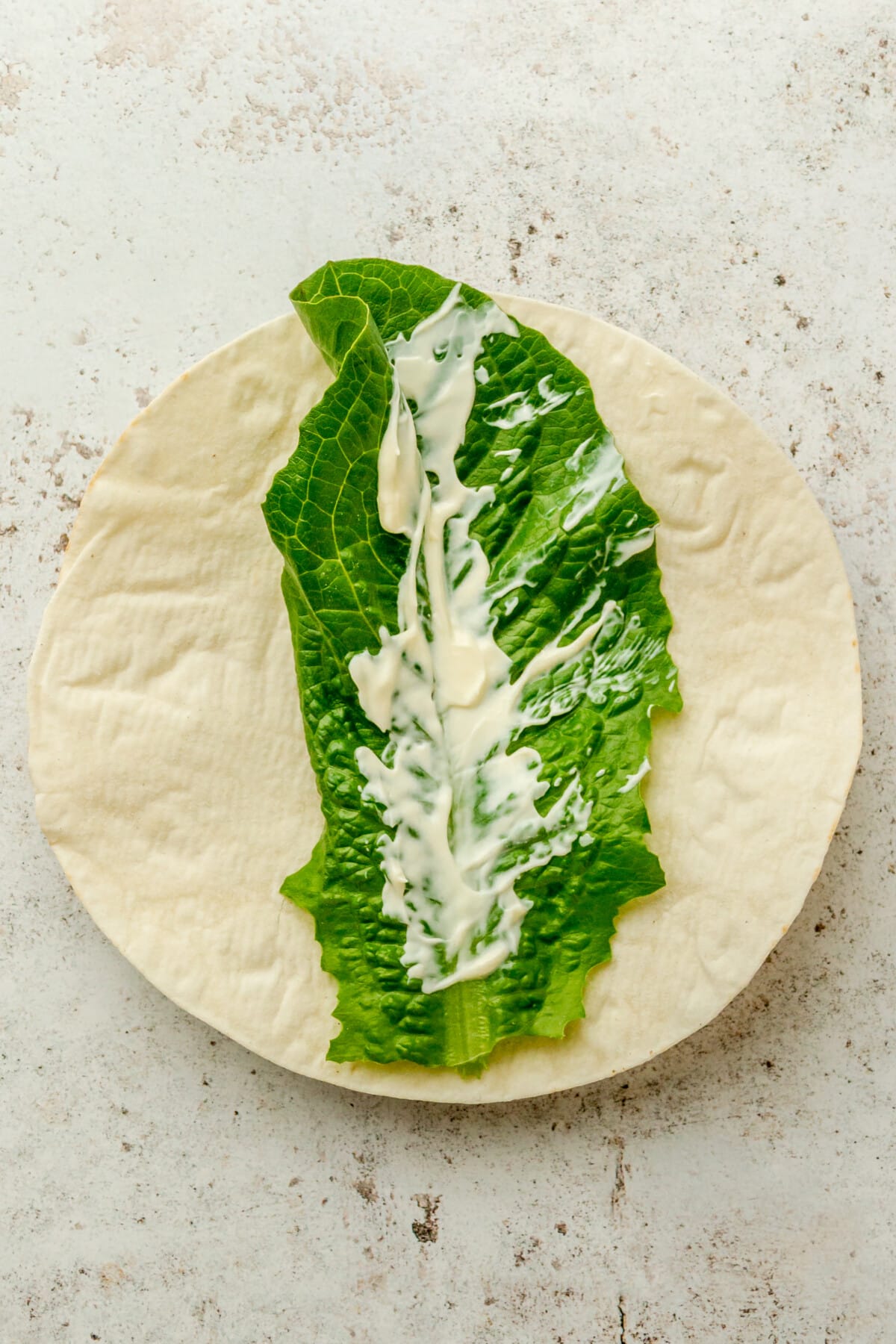 A wrap with a romaine leaf and mayo sit on a light grey surface.