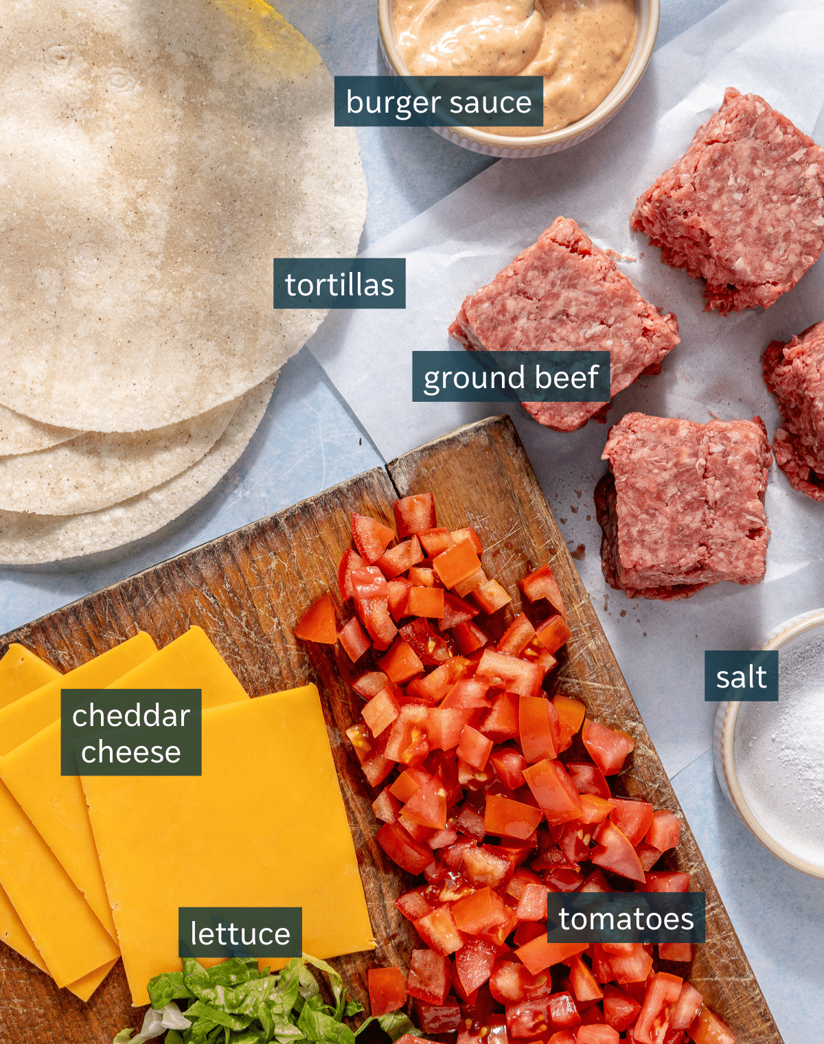 All of the ingredients for smash burger tacos on a parchment paper surface.