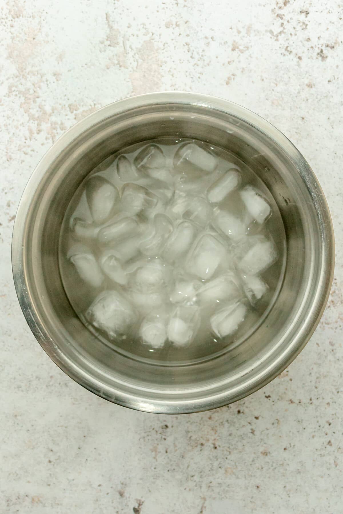 Ice cubes and water sit in a stainless steel bowl on a gray surface.