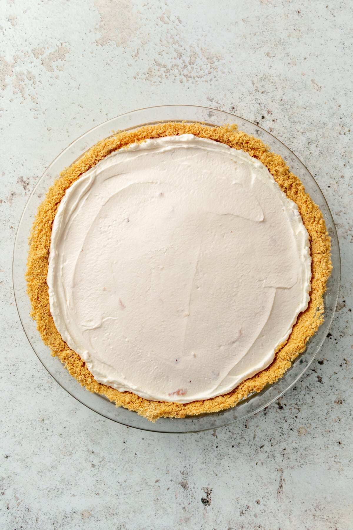 The yogurt mixture has been placed inside of the pie dish with the graham cracker crust. It has been smoothed out to fill the whole dish evenly.
