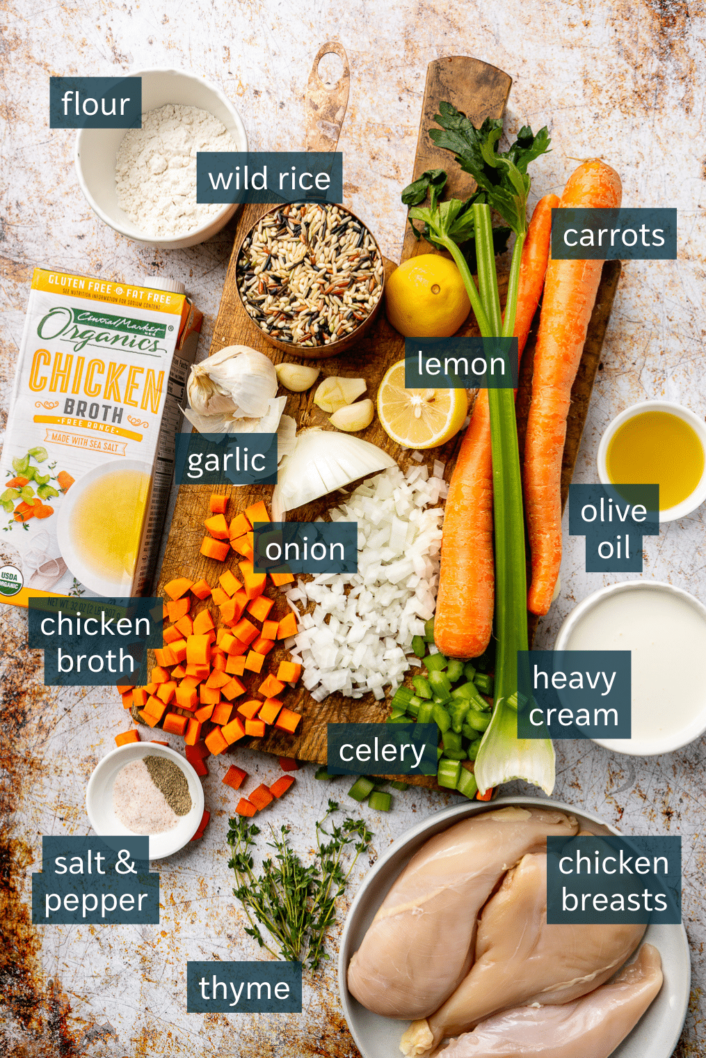 All of the ingredients needed for chicken and wild rice soup.