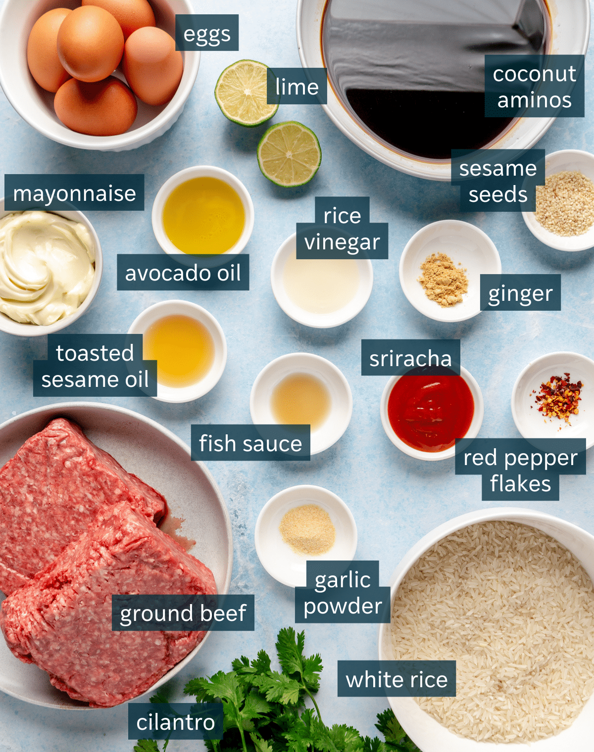 All of the ingredients needed for Korean-inspired ground beef bowls.