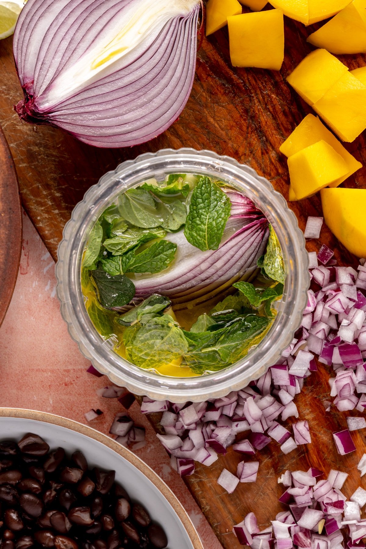 The ingredients for Mojo sauce in a blender before being blended together.