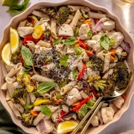 Gluten free pasta primavera made with penne pasta and roasted vegetables.
