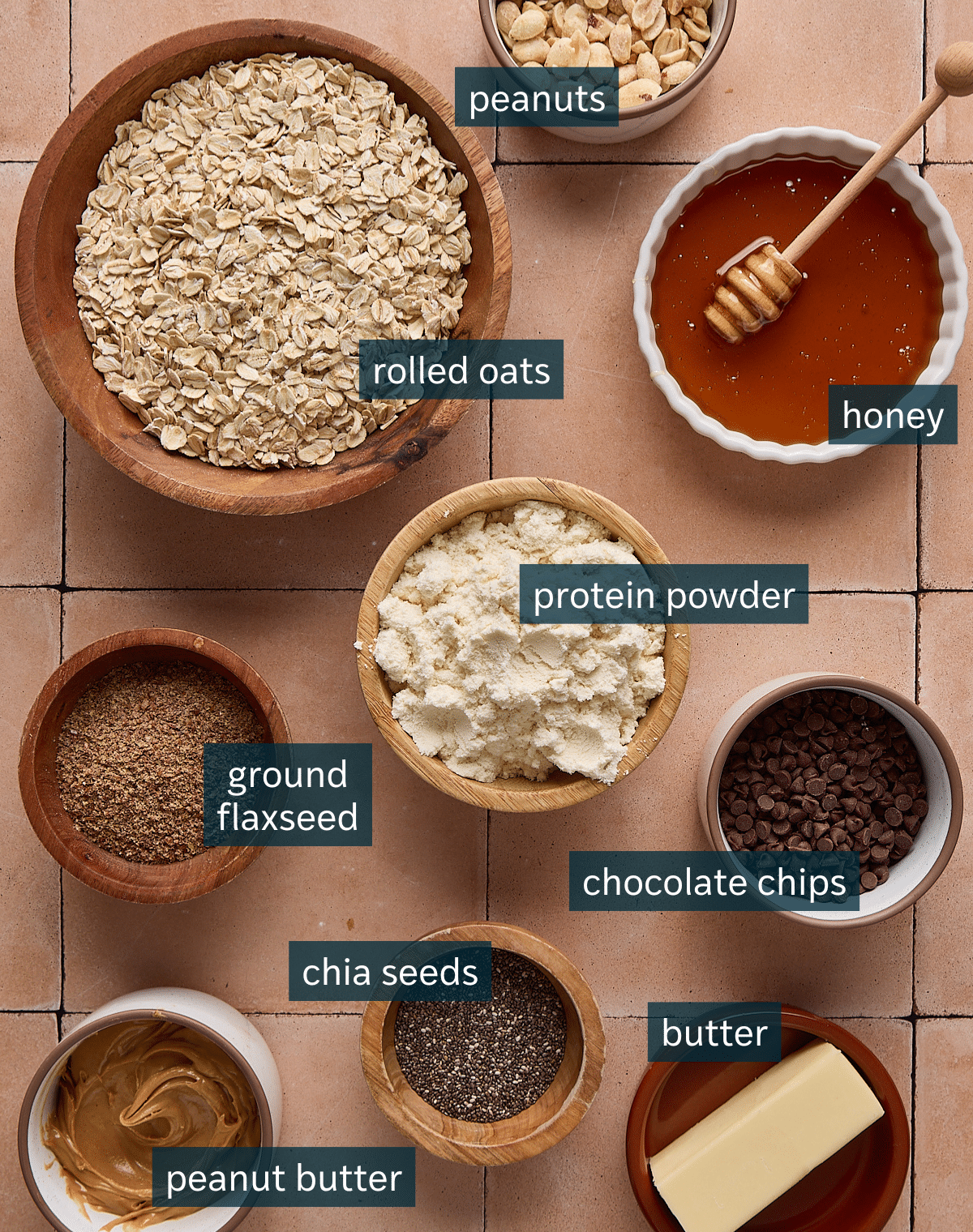 All of the ingredients needed for high protein and fiber bars.