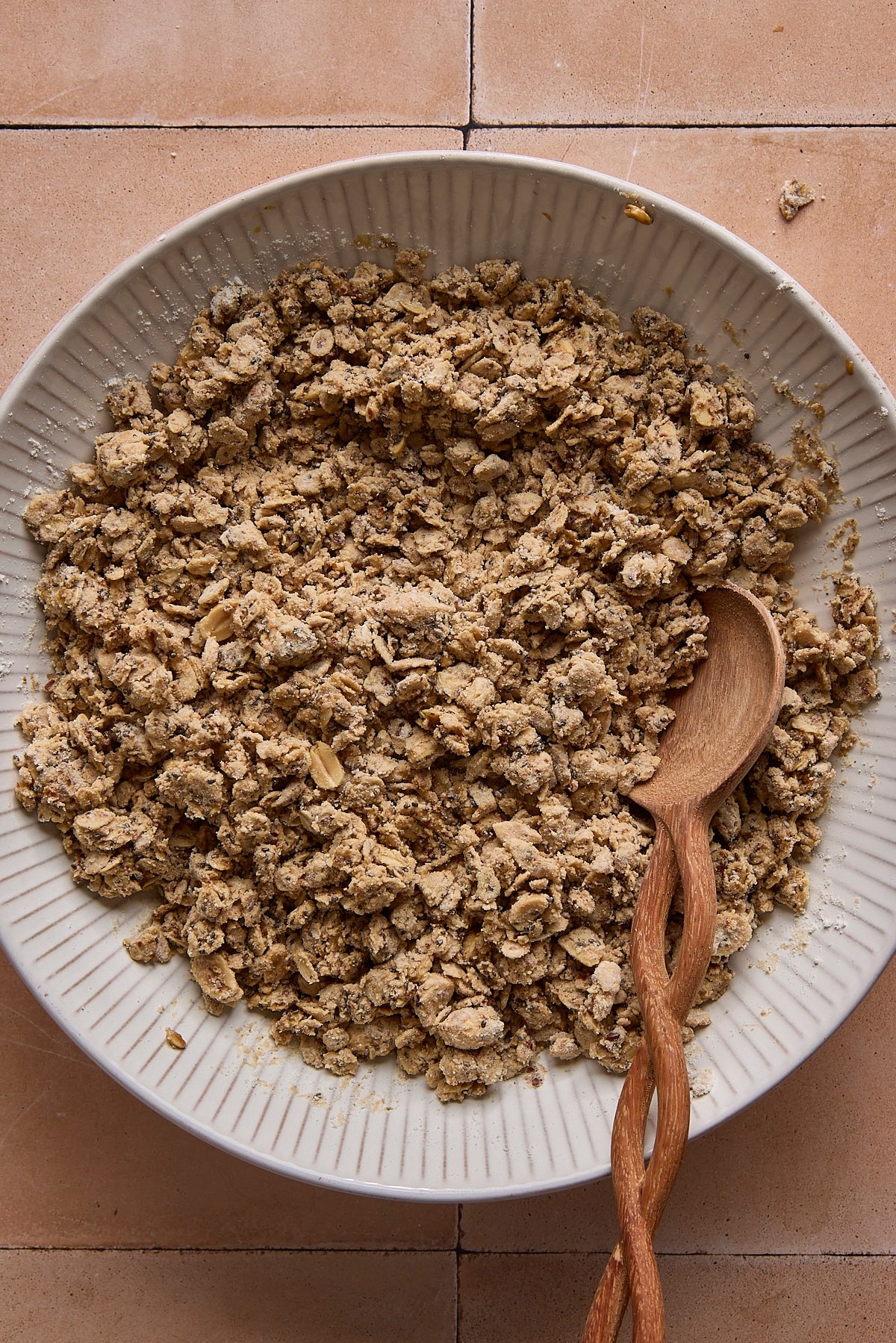 Ingredients for high protein and fiber bars in a large bowl.