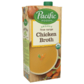 a carton of pacific brand organic chicken broth against a white background.