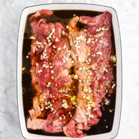 skirt steak in marinade.