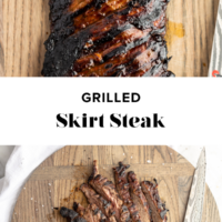 Grilled skirt steak on a wooden cutting board with a slicing knife.