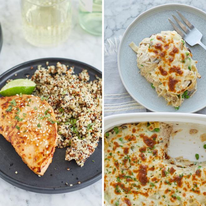 two dinners using tuna steak: chili lime marinated tuna steak with quinoa and tuna-noodle casserole