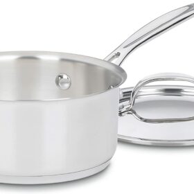 Stainless steel saucepan with lid.