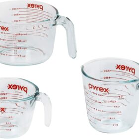 Three glass, liquid measuring cups.