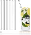 5 glass straws, a straw cleaning brush, and a glass with mint leaves, lemons, blueberries, and ice with a glass straw against a white backdrop.