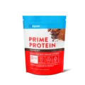Package of Equip Prime Protein against a white background. The package is mostly red on the bottom with a brown stripe, then white with red writing that says "Prime Protein" and a blue top.