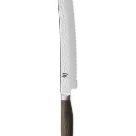 Shun premier bread knife shown vertically on a white background.