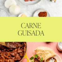 A pinterest pin with two carne guisada images. An ingredient photo on top and a finished photo of carne guisada in tortillas below.