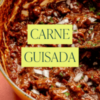 A Pinterest pin with a large pot of carne guisada on it.