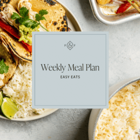 a graphic titled "weekly meal plan: easy eats" with a photo of sheet pan chicken fajitas in the background