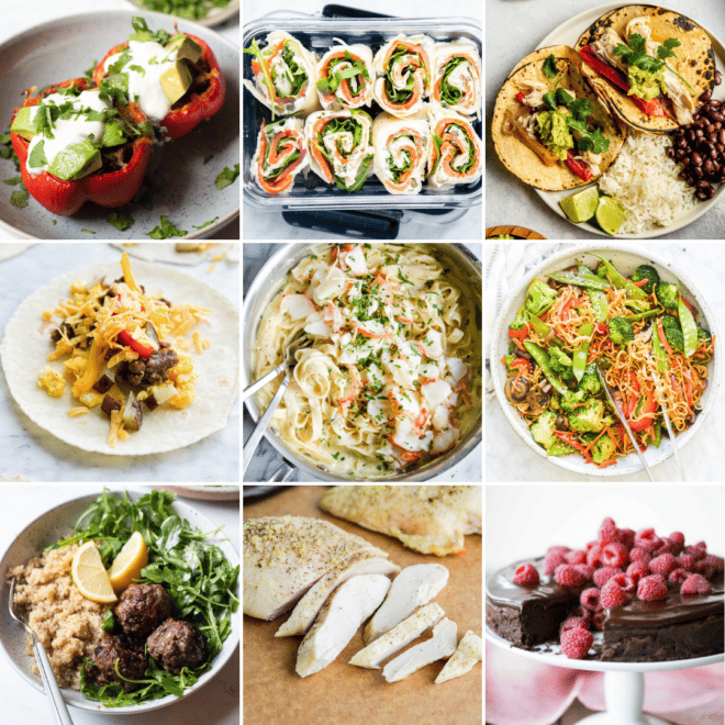 A collage of meals for a weekly meal plan. Tex Mex Stuffed Peppers, Smoked Salmon Wraps, Sheet Pan Chicken Fajitas, Freezer Breakfast Burritos, Lobster Alfredo, Veggie Stir Fry Noodles, Greek Inspired Beef Meatballs, Baked Chicken, and Flourless Chocolate Cake.
