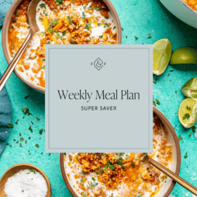 A photo of red lentil soup with a super saver weekly meal plan graphic on top.