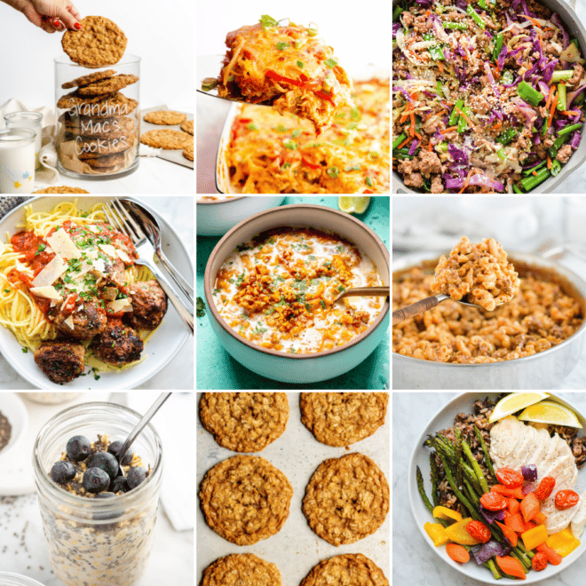A 3x3 grid with all of the recipes for this week's super saver meal plan on it: oatmeal cookies, king ranch casserole, egg roll in a bowl, turkey meatballs, red lentil soup, hamburger helper, overnight oats, oatmeal cookies, and baked chicken and veggies.