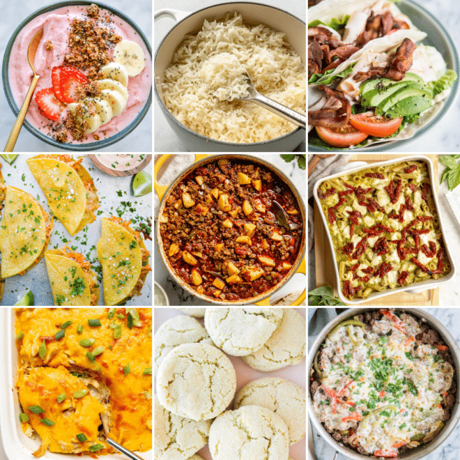 A 3x3 grid with a photo of each of the recipes in a Costco meal plan.
