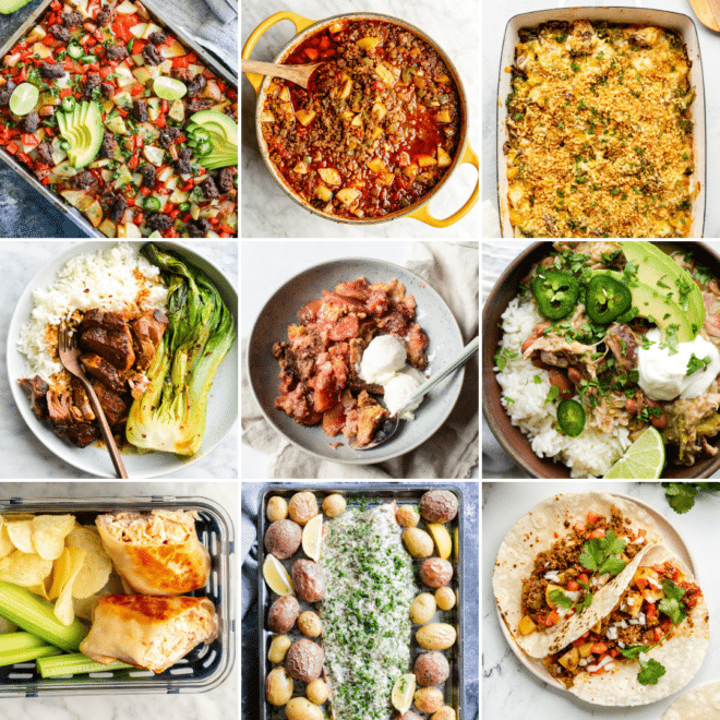 All of the meals for a hands-off meal plan in a 3x3 grid.